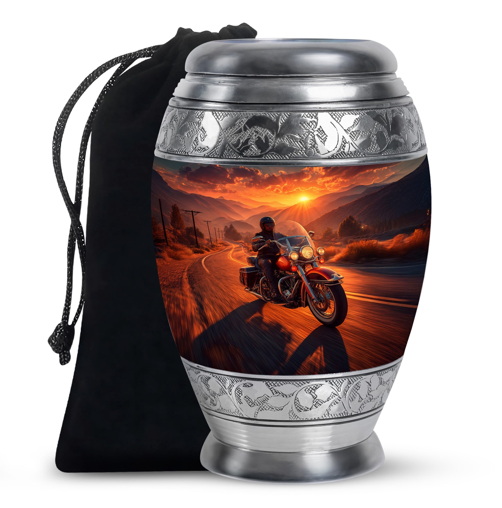 Warm Gold Bike Cremation Urn back view with polished surface - royal bike engraving with decorative scrollwork - full-size 10 inch 200 cubic inch adult cremation urn