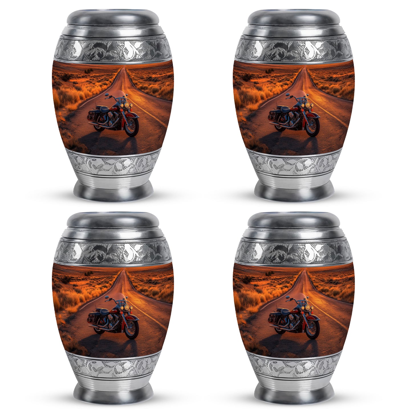 Fiery Red Bike Cremation Urn urn with complimentary velvet bag - majestic bike pattern with filigree border - 10 inch aluminum urn for cremated remains