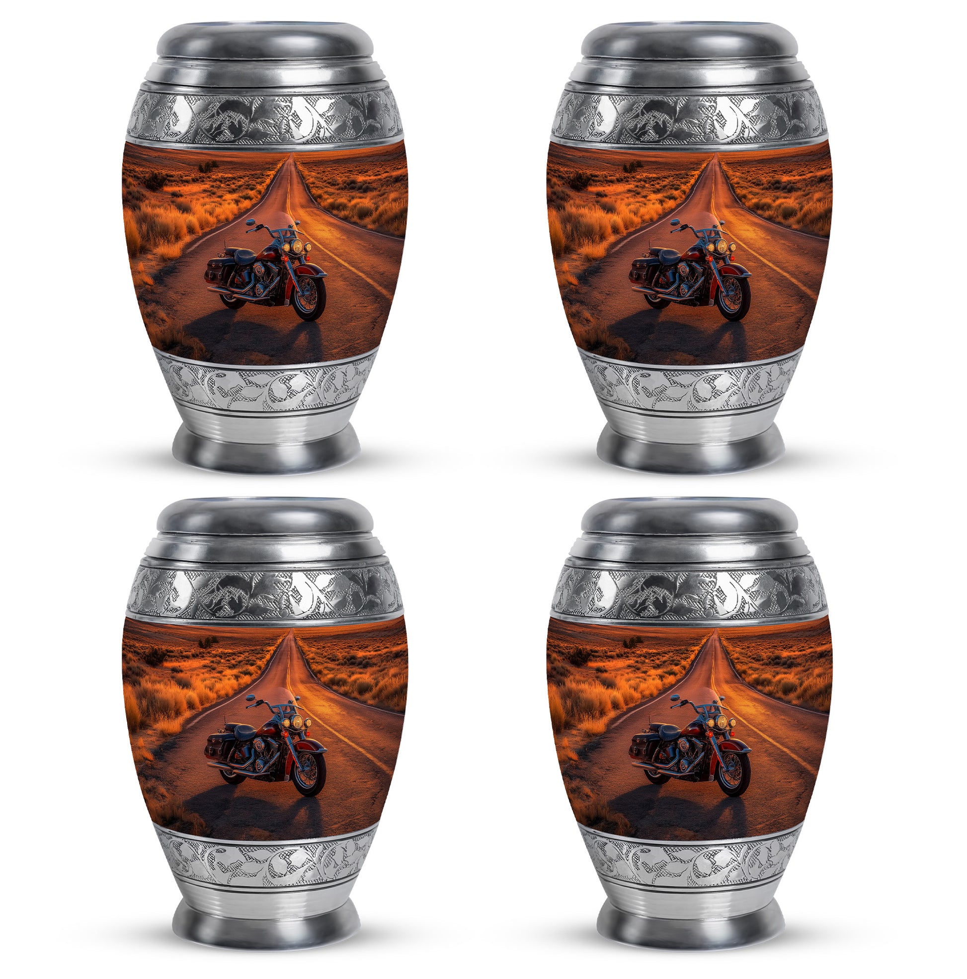 Fiery Red Bike Cremation Urn urn with complimentary velvet bag - majestic bike pattern with filigree border - 10 inch aluminum urn for cremated remains