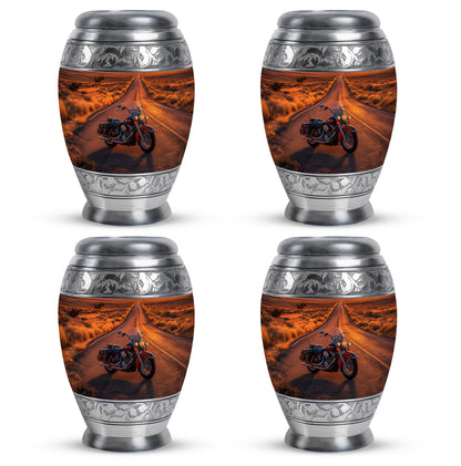Fiery Red Bike Cremation Urn urn with complimentary velvet bag - majestic bike pattern with filigree border - 10 inch aluminum urn for cremated remains