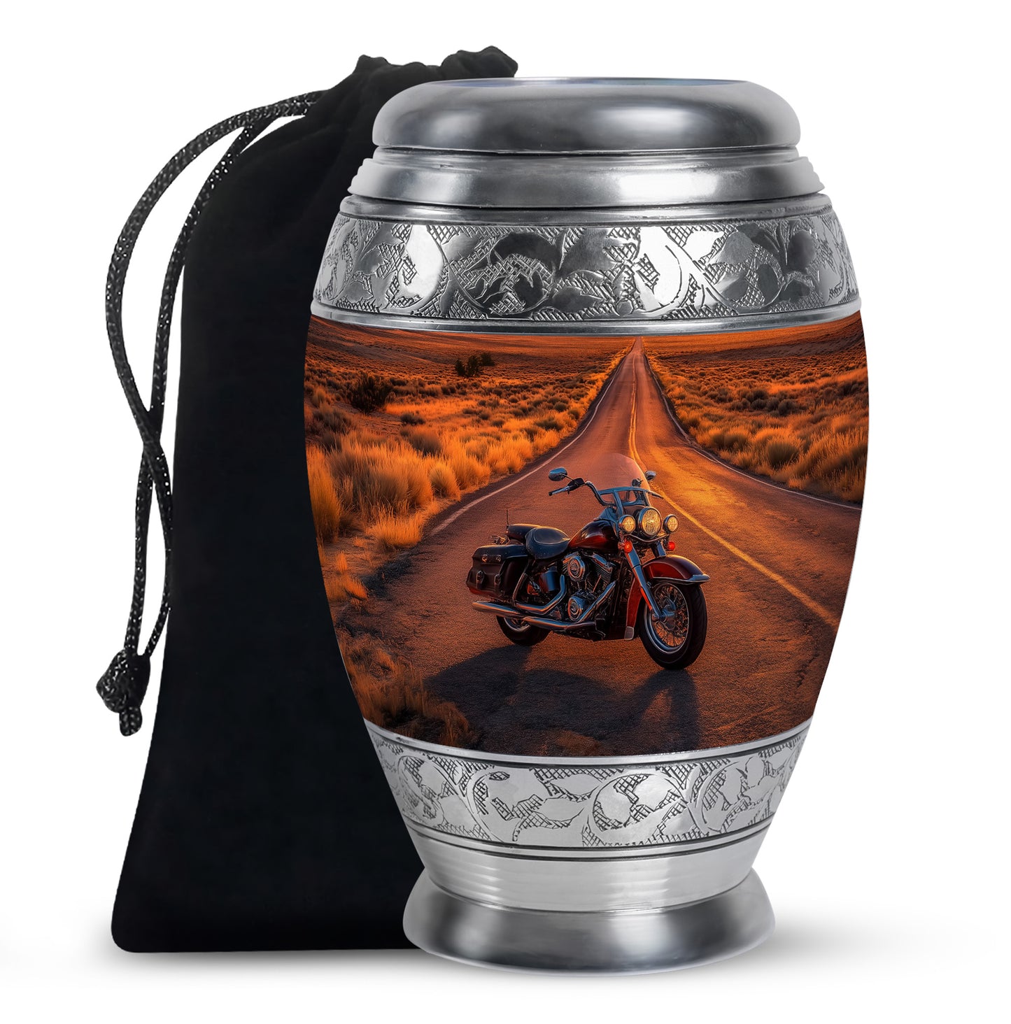 Cherry Red Bike Cremation Urn back view with polished surface - royal bike engraving with decorative scrollwork - full-size 10 inch 200 cubic inch adult cremation urn