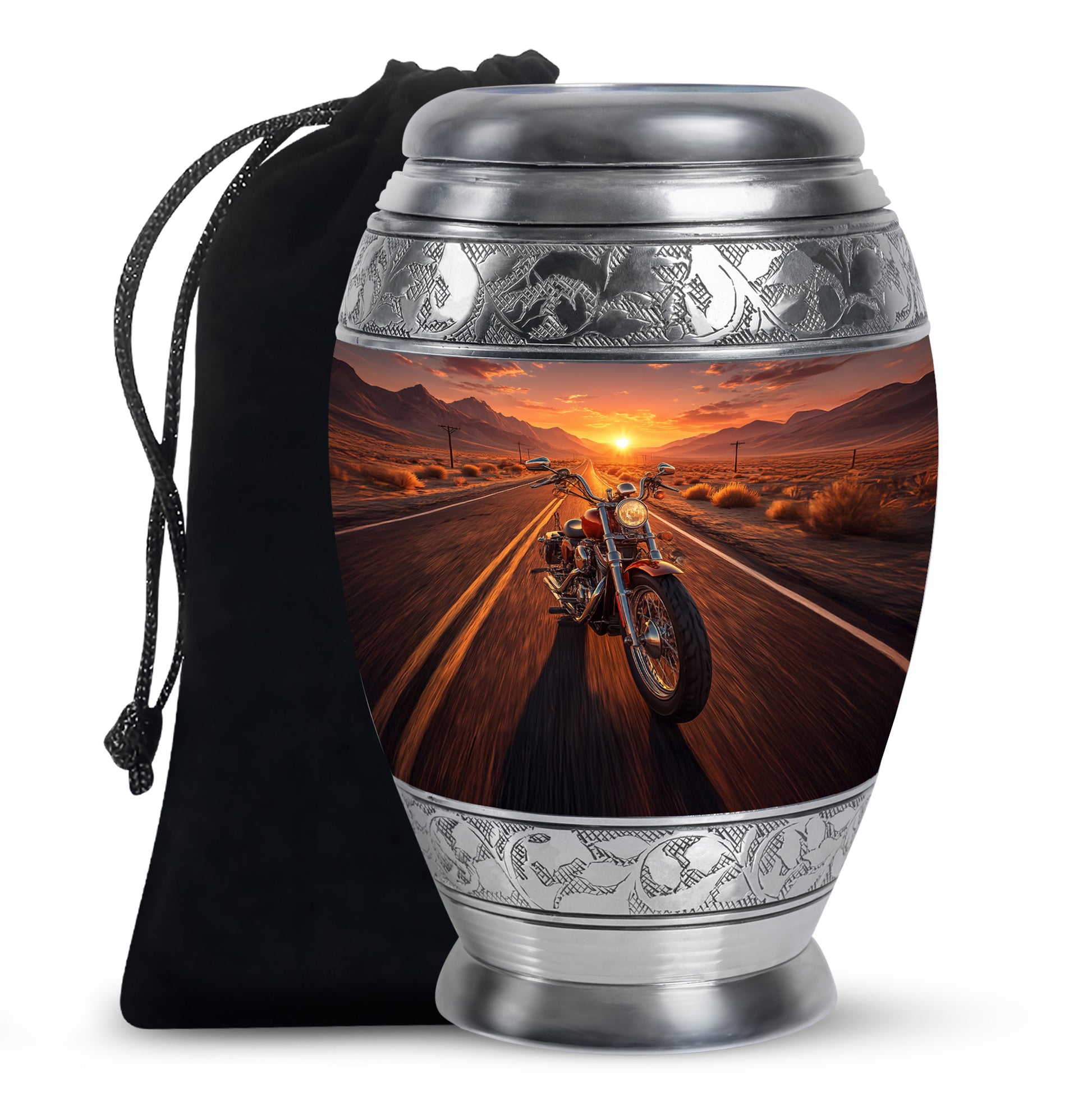 Gilded Gold Bike Cremation Urn back view with polished surface - ornate monarch-style bike relief on brushed aluminum - full-size 10 inch 200 cubic inch adult cremation urn