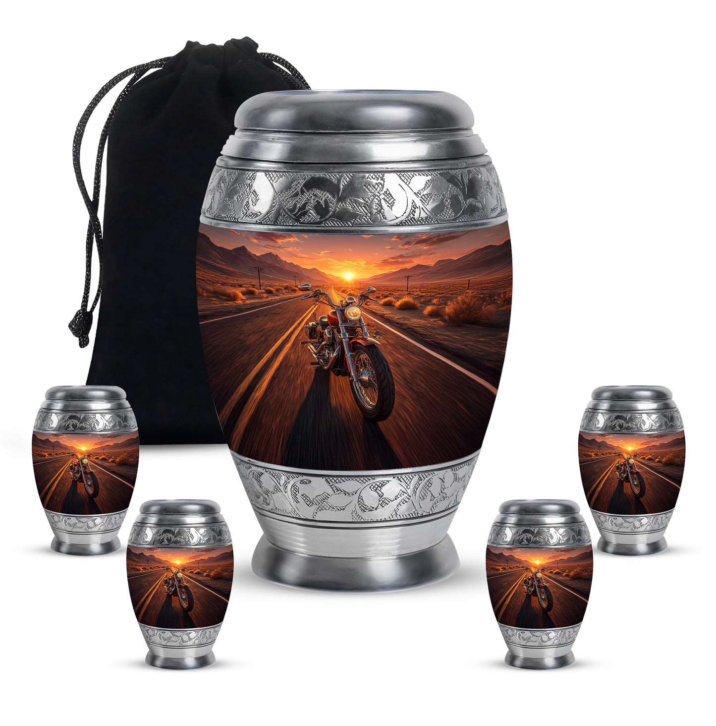 Harvest Gold Bike Cremation Urn detail view - majestic bike pattern with filigree border - memorial set with one large and four small urns