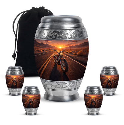 Harvest Gold Bike Cremation Urn detail view - majestic bike pattern with filigree border - memorial set with one large and four small urns