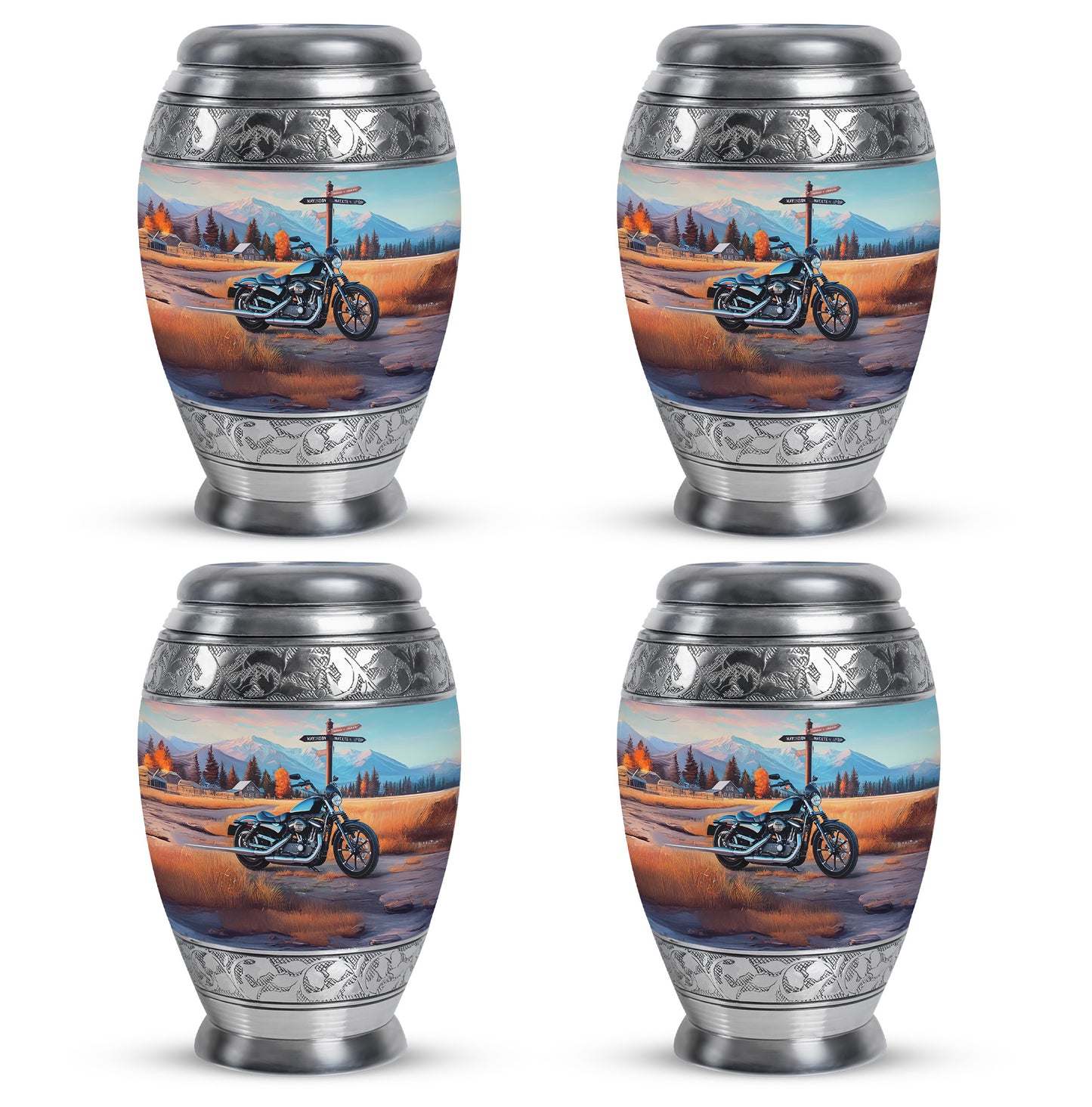 Azure Bike Cremation Urn urn with complimentary velvet bag - ornate monarch-style bike relief on brushed aluminum - 10 inch aluminum urn for cremated remains