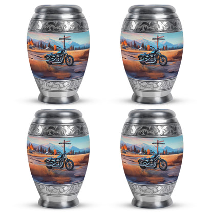 Azure Bike Cremation Urn urn with complimentary velvet bag - ornate monarch-style bike relief on brushed aluminum - 10 inch aluminum urn for cremated remains