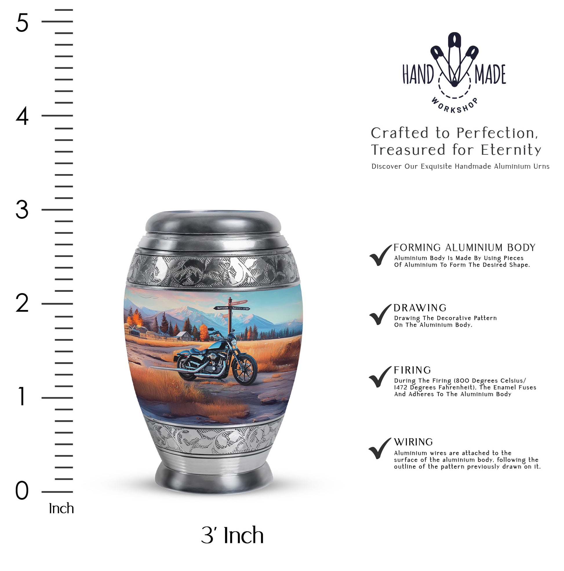 Navy Blue Bike Cremation Urn lifestyle display on memorial shelf - ornate monarch-style bike relief on brushed aluminum - mini keepsake memorial for portion of cremation ashes