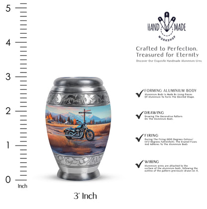 Navy Blue Bike Cremation Urn lifestyle display on memorial shelf - ornate monarch-style bike relief on brushed aluminum - mini keepsake memorial for portion of cremation ashes