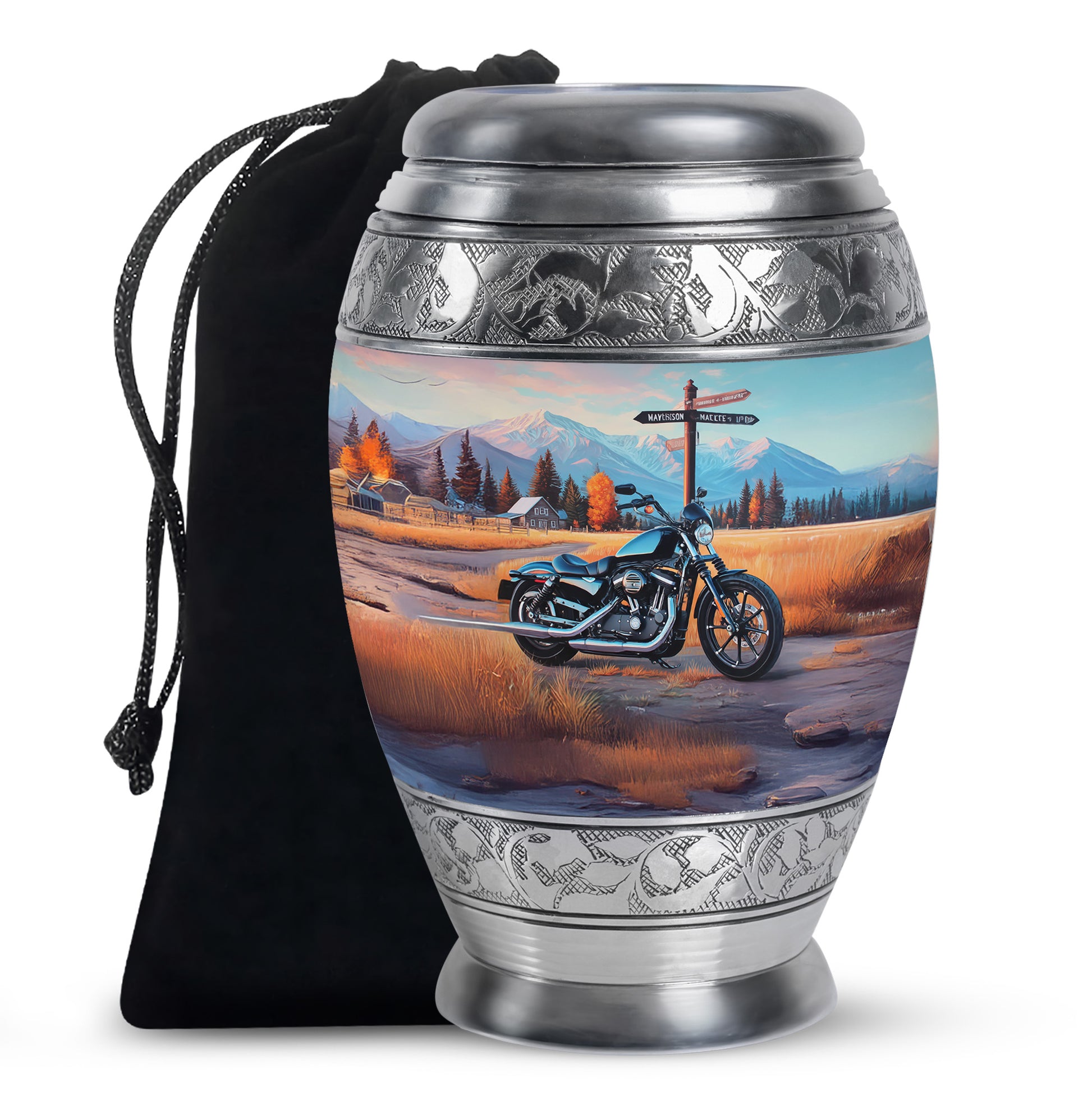Bright Blue Bike Cremation Urn back view with polished surface - majestic bike pattern with filigree border - full-size 10 inch 200 cubic inch adult cremation urn