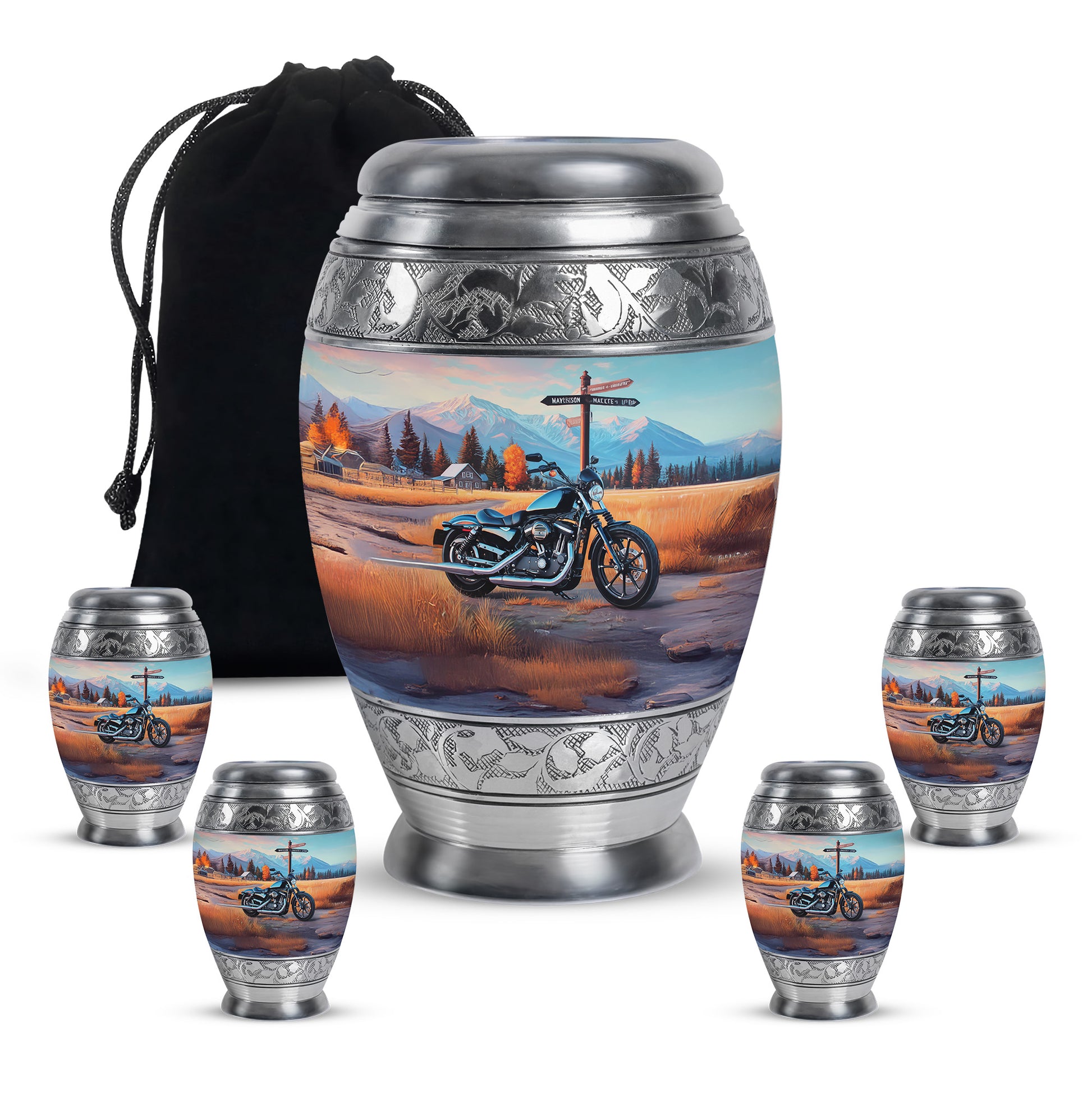 Vivid Blue Bike Cremation Urn detail view - majestic bike pattern with filigree border - memorial set with one large and four small urns