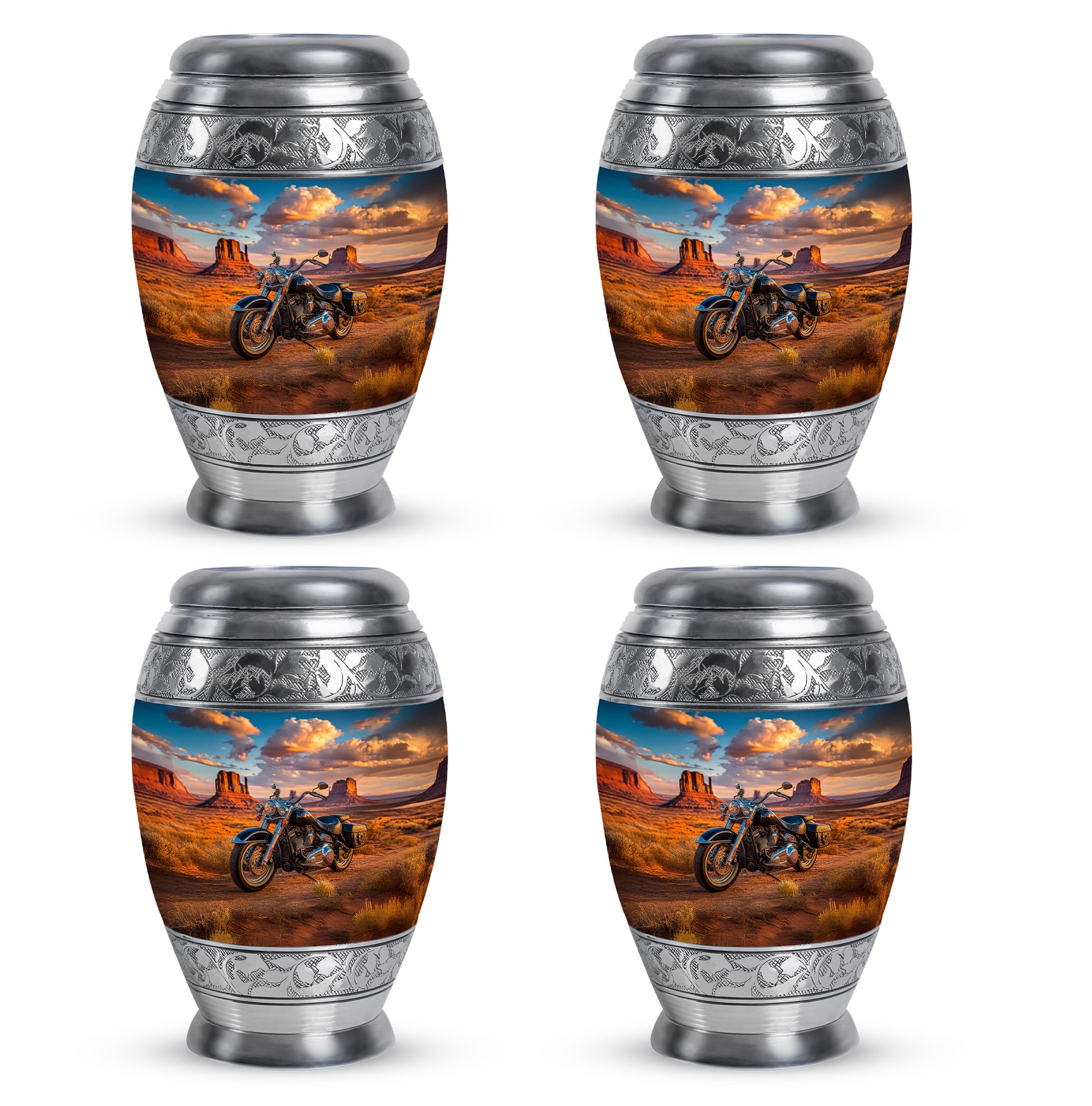 Serene Blue Bike Cremation Urn urn with complimentary velvet bag - royal bike engraving with decorative scrollwork - 10 inch aluminum urn for cremated remains