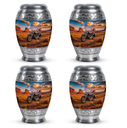 Serene Blue Bike Cremation Urn urn with complimentary velvet bag - royal bike engraving with decorative scrollwork - 10 inch aluminum urn for cremated remains