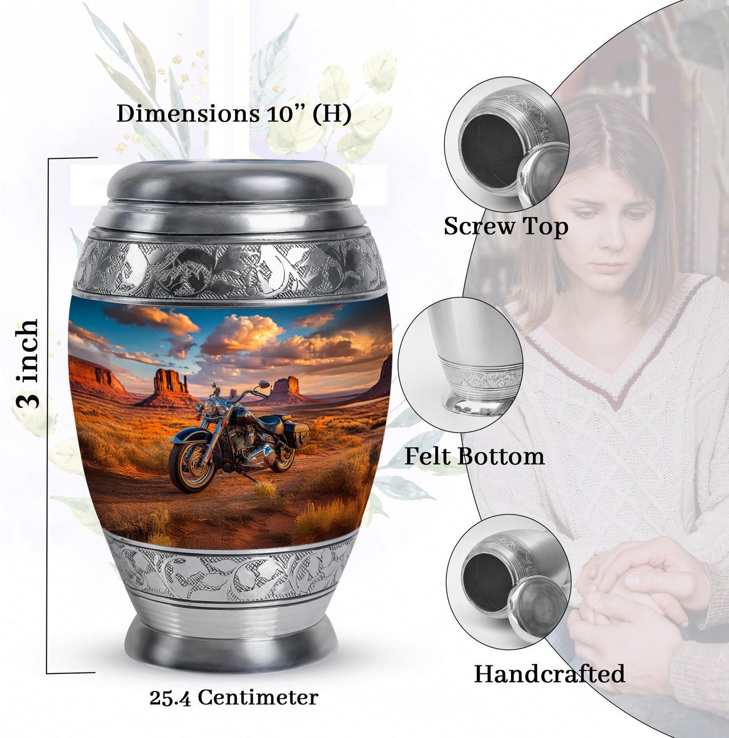 Soft Blue Bike Cremation Urn lifestyle display on memorial shelf - royal bike engraving with decorative scrollwork - mini keepsake memorial for portion of cremation ashes