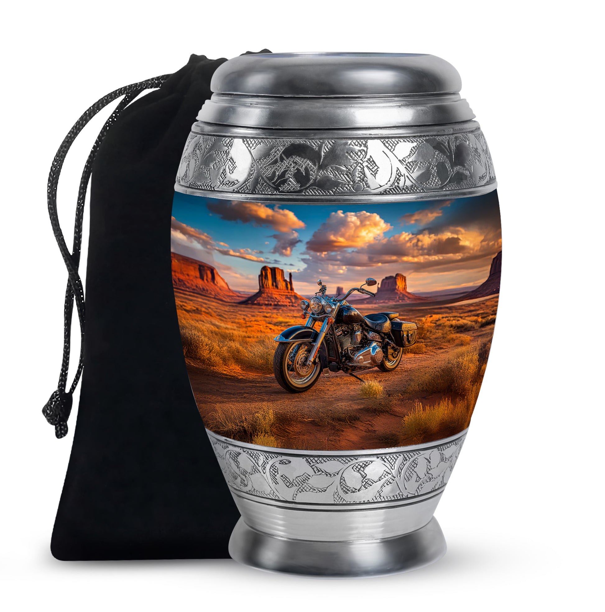 Sky Blue Bike Cremation Urn back view with polished surface - regal bike design with crown-inspired accents - full-size 10 inch 200 cubic inch adult cremation urn