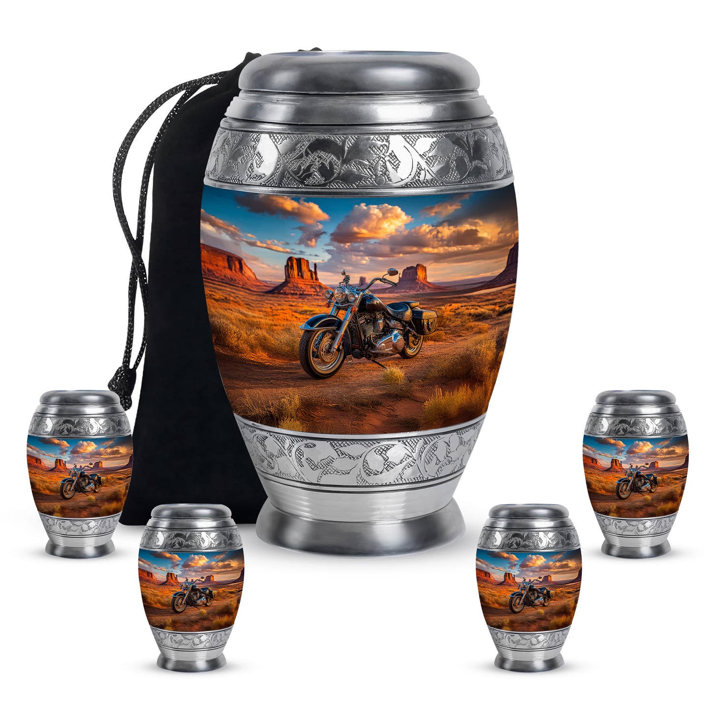 Twilight Blue Bike Cremation Urn detail view - majestic bike pattern with filigree border - memorial set with one large and four small urns