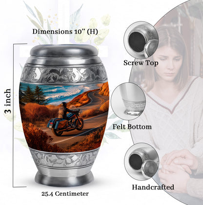 Sea Green Teal Bike Cremation Urn lifestyle display on memorial shelf - regal bike design with crown-inspired accents - mini keepsake memorial for portion of cremation ashes
