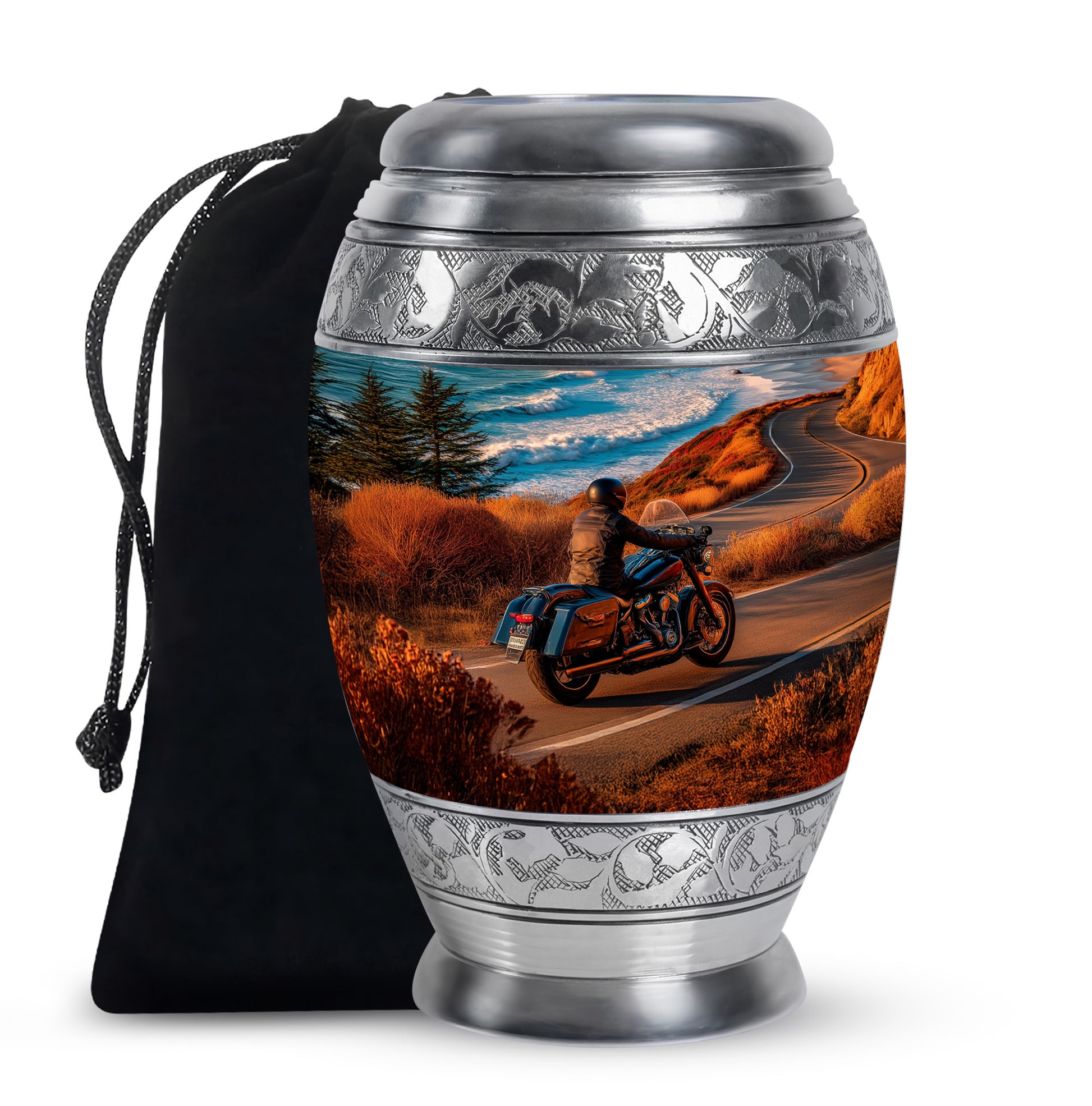 Jewel Teal Bike Cremation Urn back view with polished surface - regal bike design with crown-inspired accents - full-size 10 inch 200 cubic inch adult cremation urn