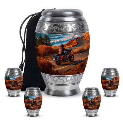Mystic Teal Bike Cremation Urn detail view - majestic bike pattern with filigree border - memorial set with one large and four small urns