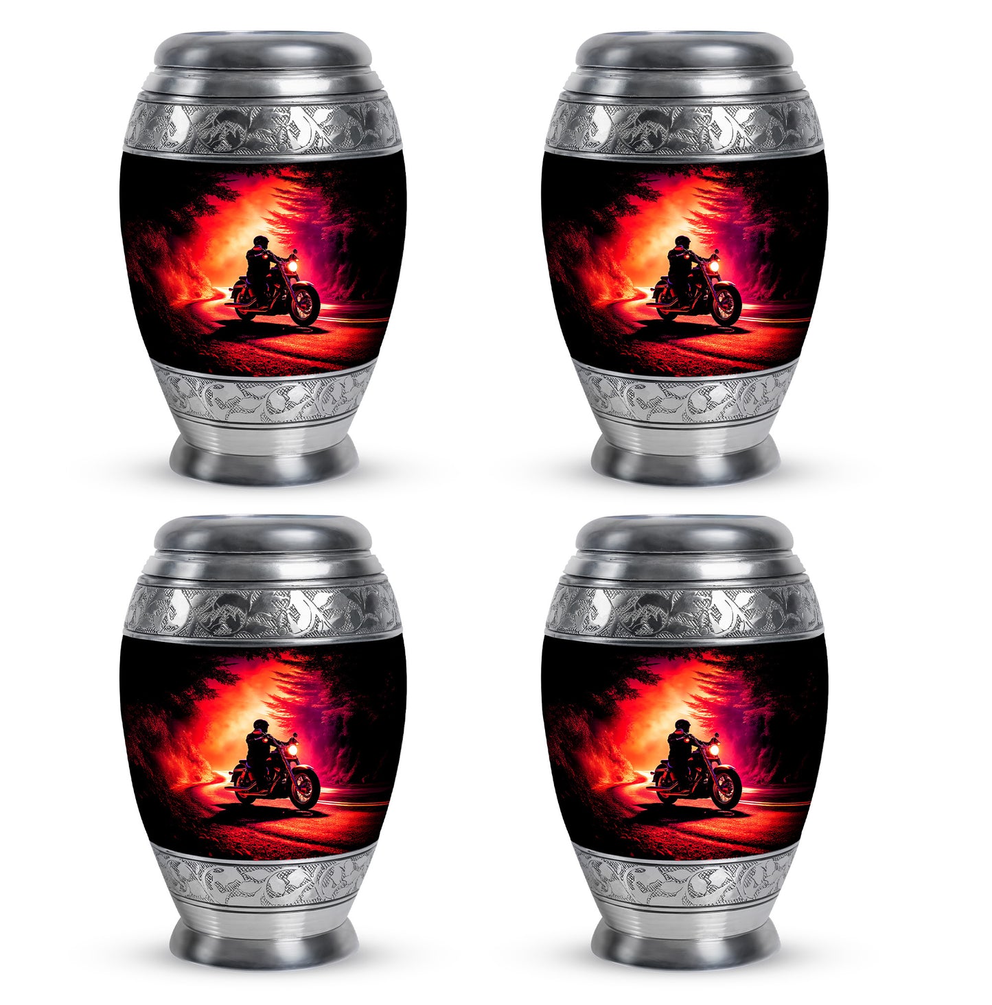 Midnight Black Bike Cremation Urn urn with complimentary velvet bag - royal bike engraving with decorative scrollwork - 10 inch aluminum urn for cremated remains