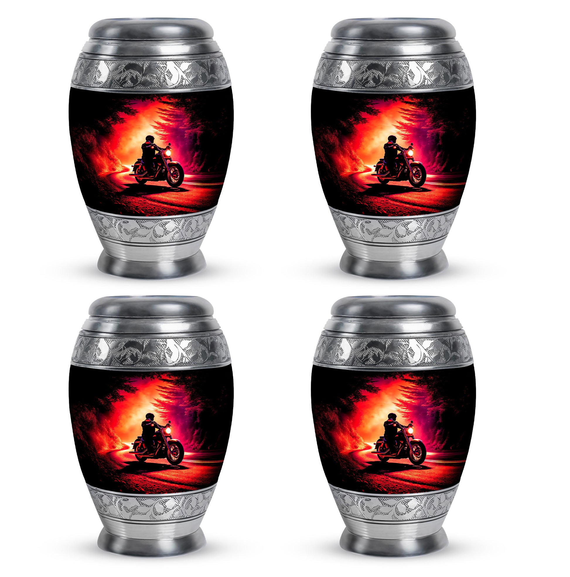 Midnight Black Bike Cremation Urn urn with complimentary velvet bag - royal bike engraving with decorative scrollwork - 10 inch aluminum urn for cremated remains