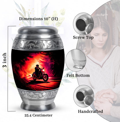 Dark Black Bike Cremation Urn lifestyle display on memorial shelf - royal bike engraving with decorative scrollwork - mini keepsake memorial for portion of cremation ashes