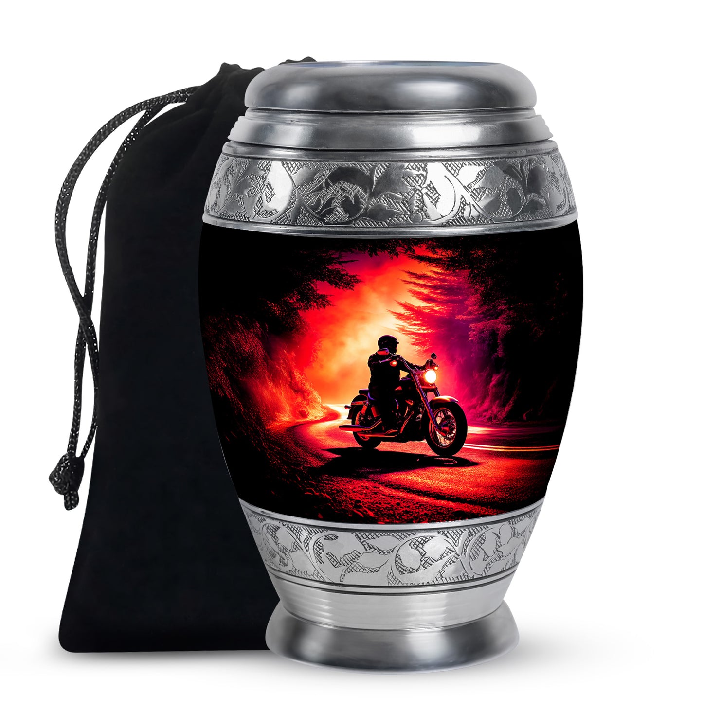 Deep Black Bike Cremation Urn back view with polished surface - ornate monarch-style bike relief on brushed aluminum - full-size 10 inch 200 cubic inch adult cremation urn
