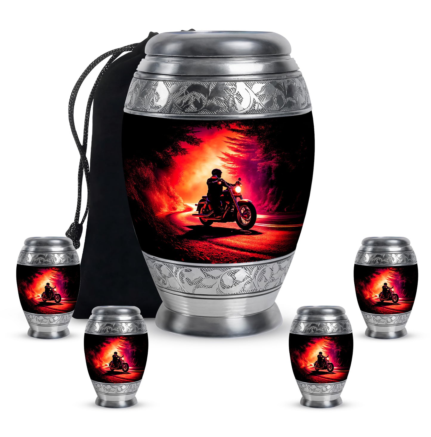 Ebony Bike Cremation Urn detail view - regal bike design with crown-inspired accents - memorial set with one large and four small urns