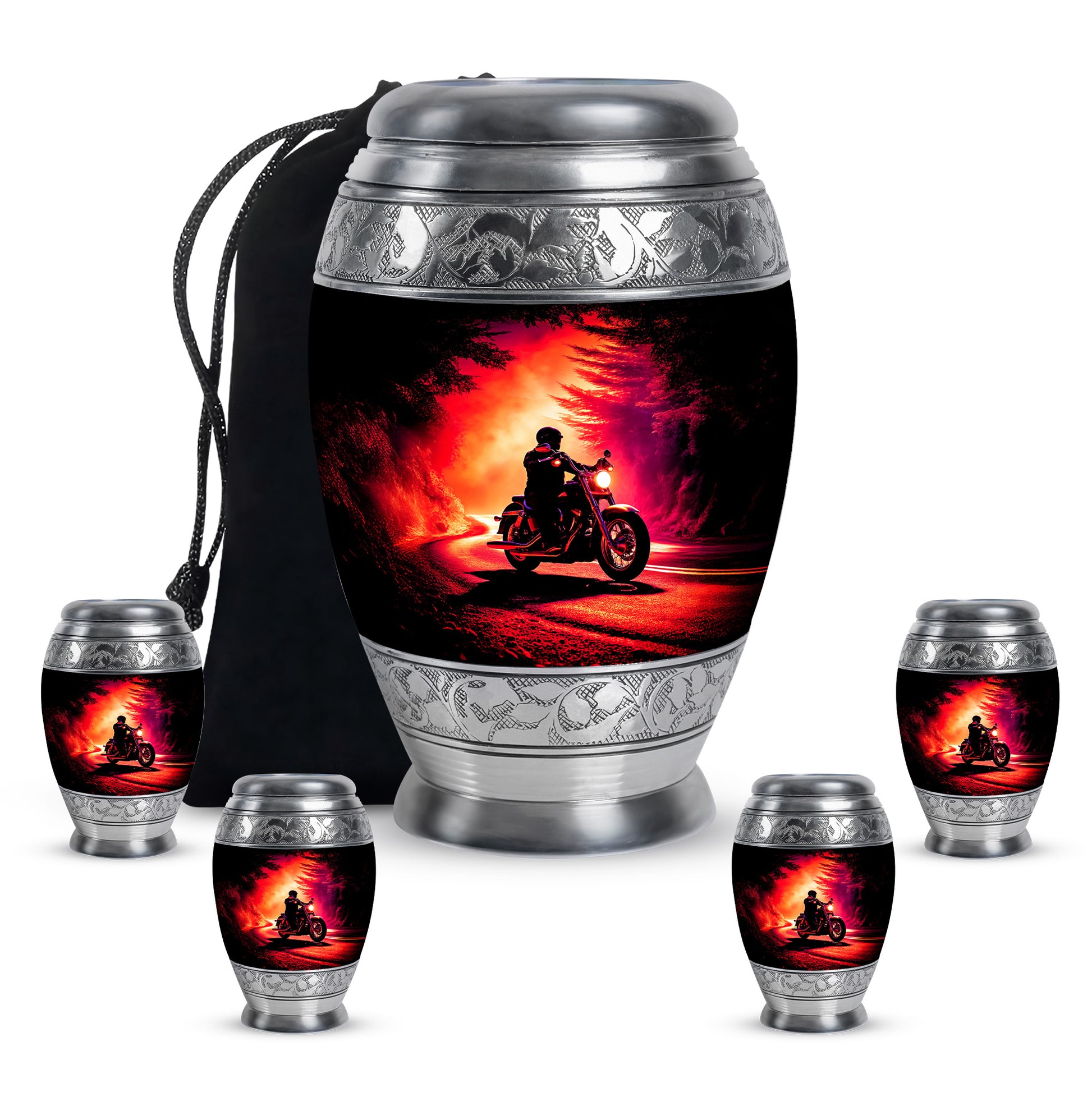 Ebony Bike Cremation Urn detail view - regal bike design with crown-inspired accents - memorial set with one large and four small urns
