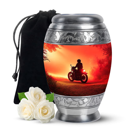 Crimson Red Bike Cremation Urn back view with polished surface - ornate monarch-style bike relief on brushed aluminum - full-size 10 inch 200 cubic inch adult cremation urn