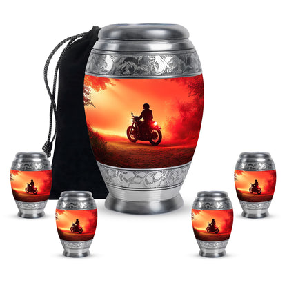 Crimson Red Bike Cremation Urn detail view - regal bike design with crown-inspired accents - memorial set with one large and four small urns