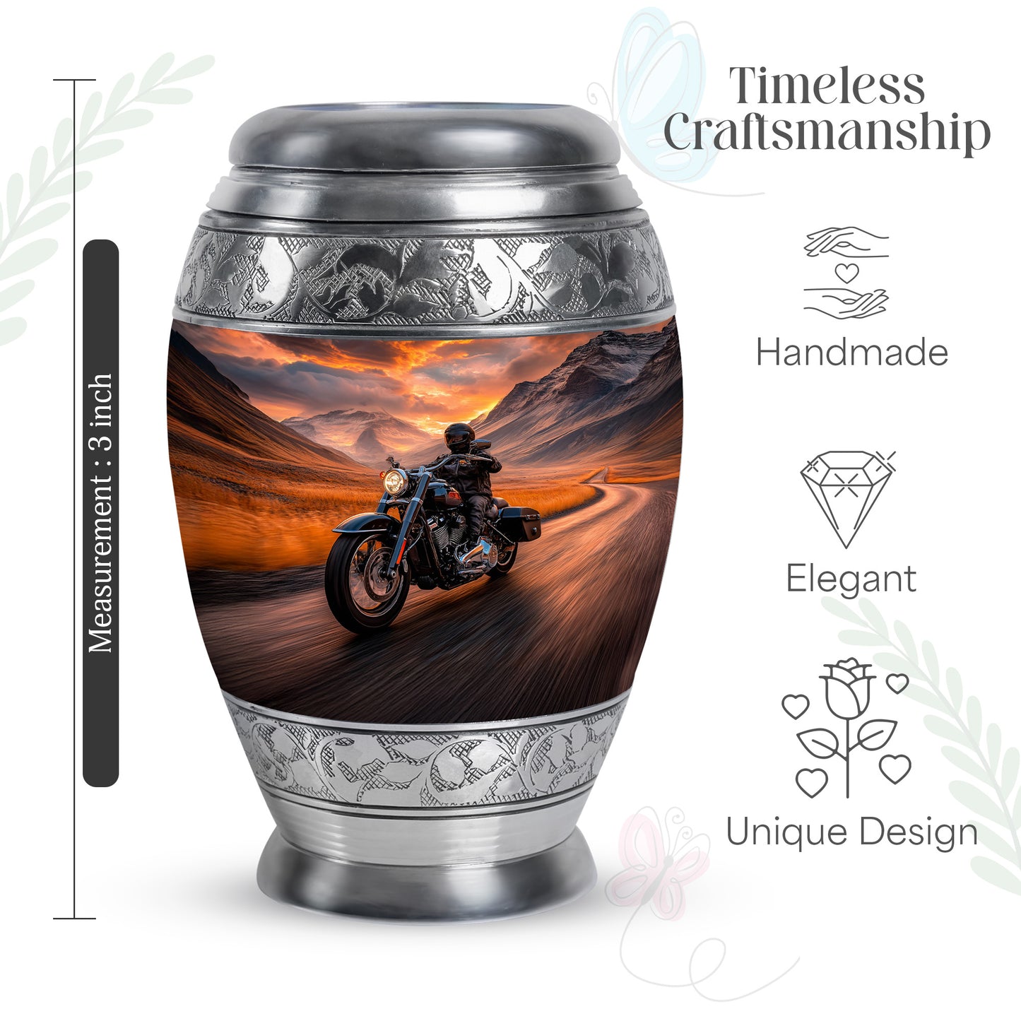 Ruby Red Bike Cremation Urn lifestyle display on memorial shelf - majestic bike pattern with filigree border - mini keepsake memorial for portion of cremation ashes