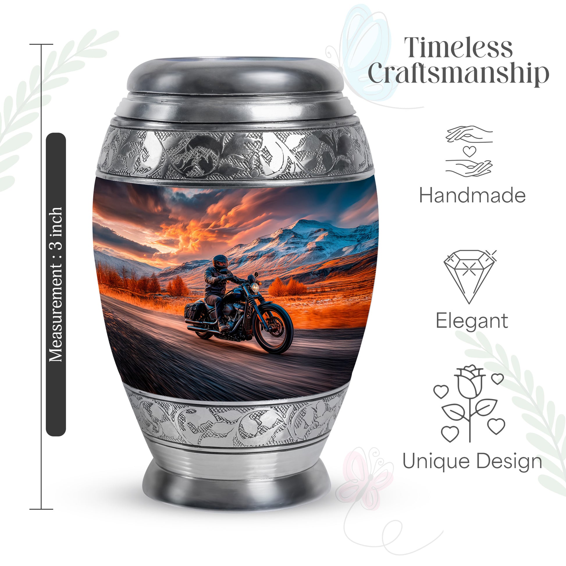 Wine Red Bike Cremation Urn lifestyle display on memorial shelf - ornate monarch-style bike relief on brushed aluminum - mini keepsake memorial for portion of cremation ashes