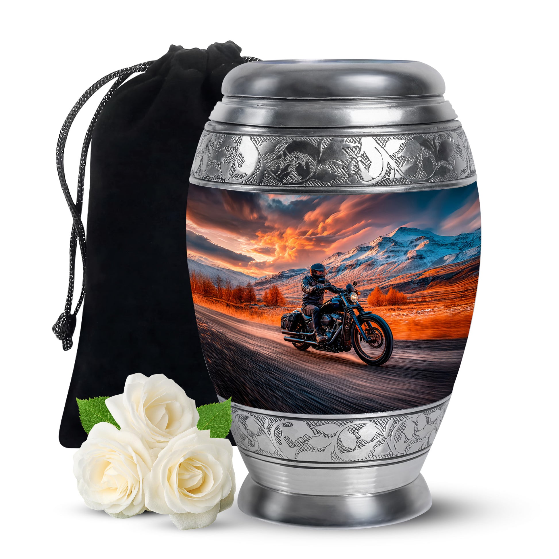 Burgundy Red Bike Cremation Urn back view with polished surface - ornate monarch-style bike relief on brushed aluminum - full-size 10 inch 200 cubic inch adult cremation urn