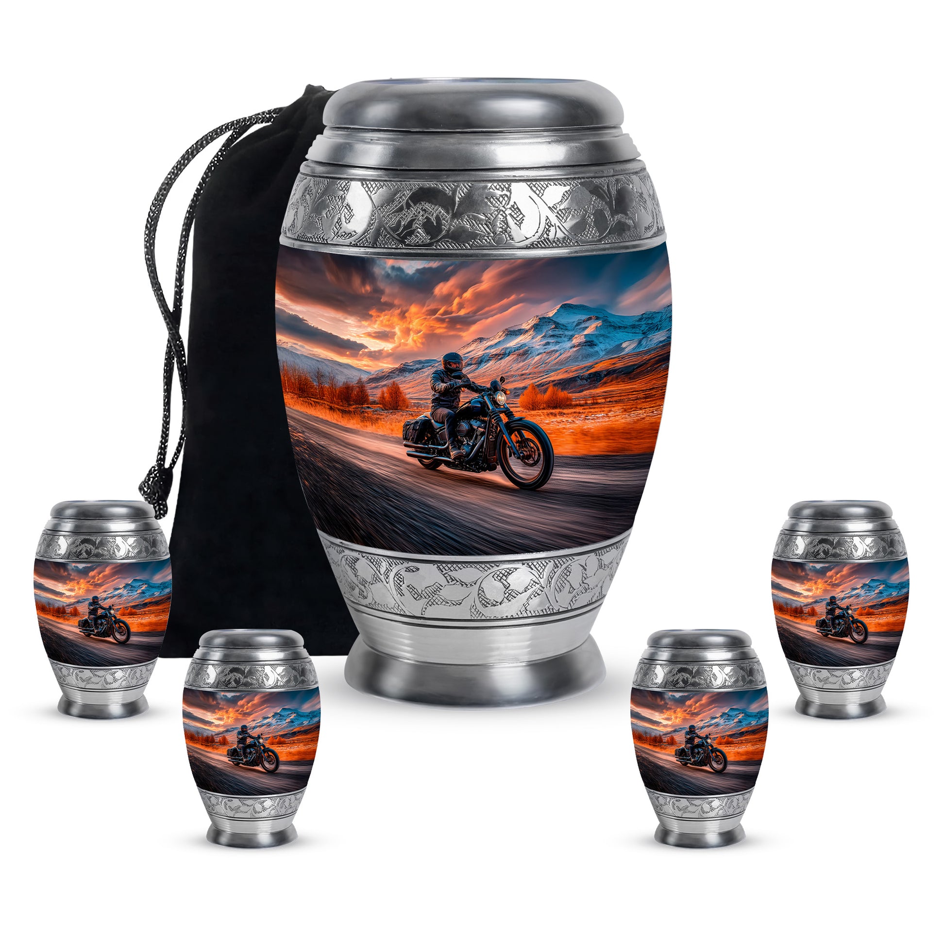 Crimson Red Bike Cremation Urn detail view - regal bike design with crown-inspired accents - memorial set with one large and four small urns