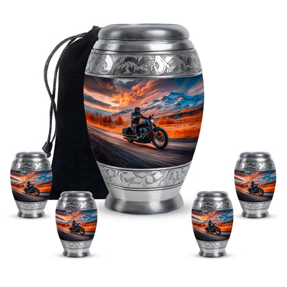 Crimson Red Bike Cremation Urn detail view - regal bike design with crown-inspired accents - memorial set with one large and four small urns