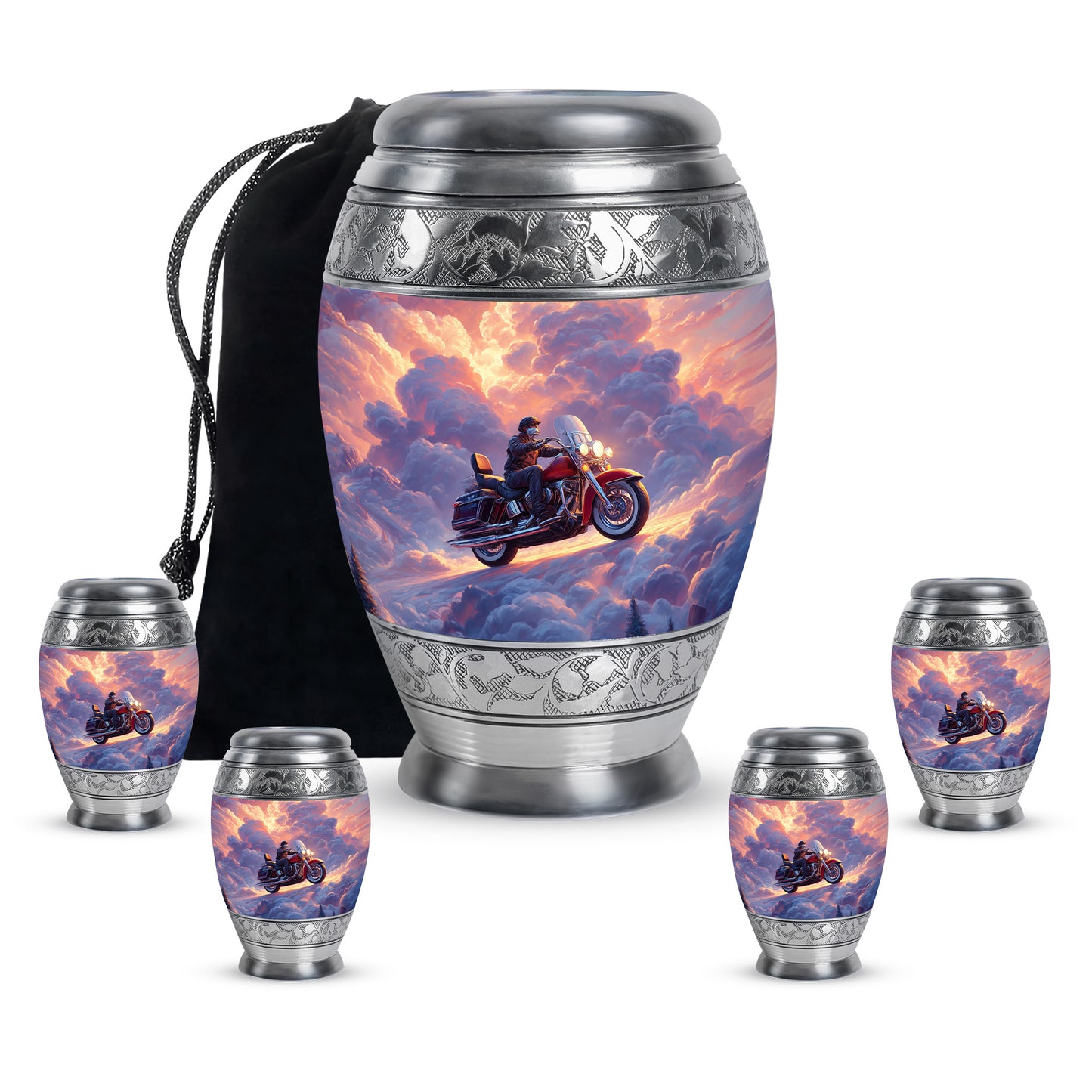Soft Blue Bike Cremation Urn detail view - majestic bike pattern with filigree border - memorial set with one large and four small urns