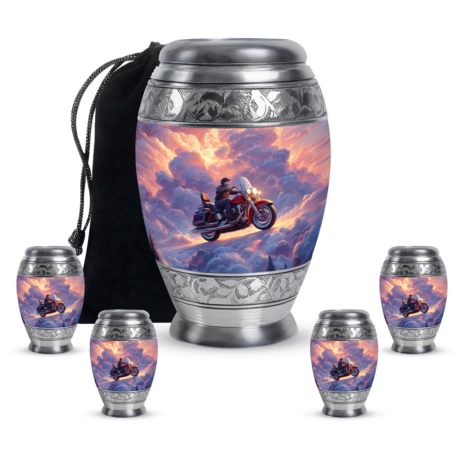 Soft Blue Bike Cremation Urn detail view - majestic bike pattern with filigree border - memorial set with one large and four small urns