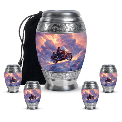 Soft Blue Bike Cremation Urn detail view - majestic bike pattern with filigree border - memorial set with one large and four small urns