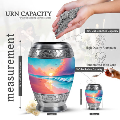 Ocean Teal Beach Cremation Urn lifestyle display on memorial shelf - ornate monarch-style beach relief on brushed aluminum - mini keepsake memorial for portion of cremation ashes