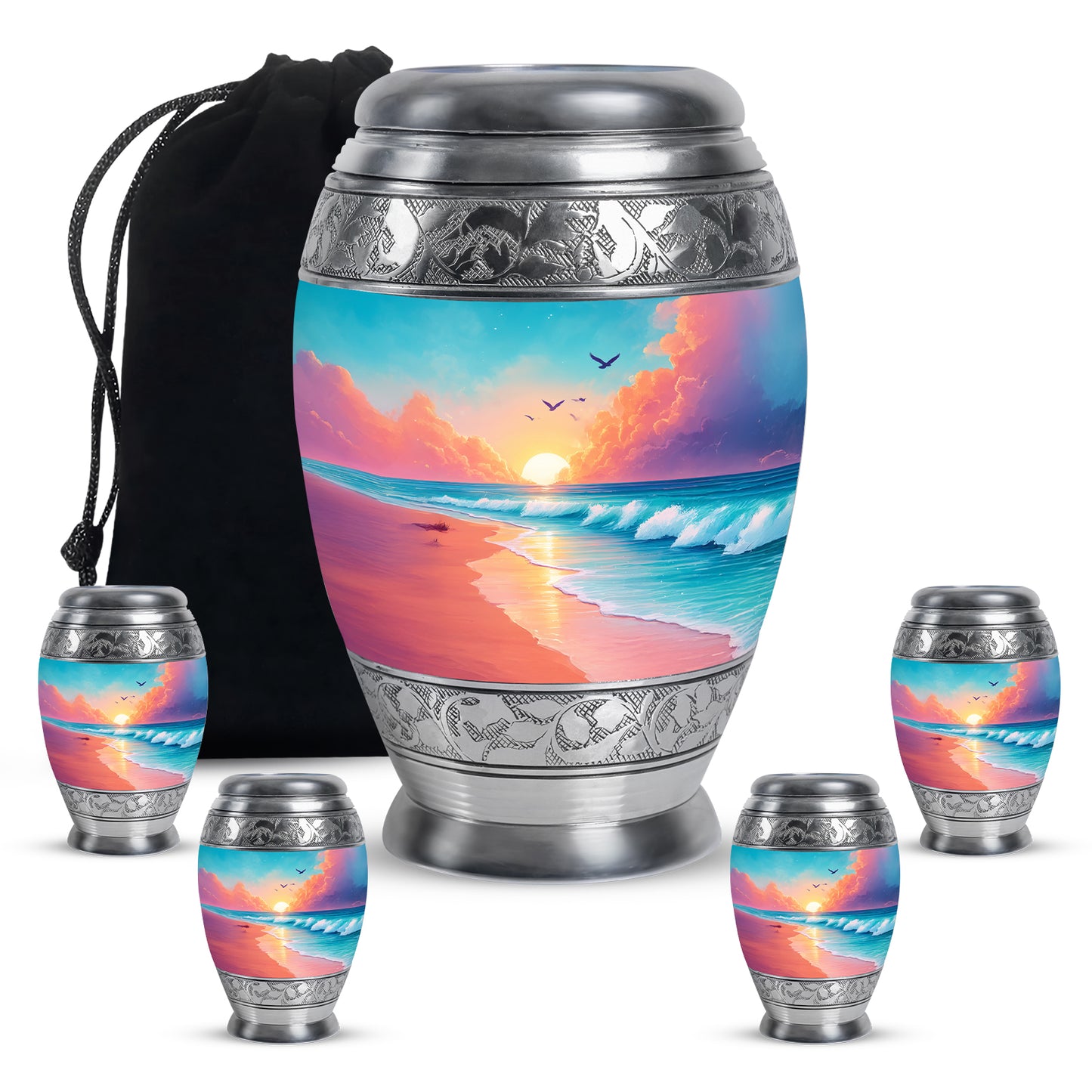 Jewel Teal Beach Cremation Urn detail view - regal beach design with crown-inspired accents - memorial set with one large and four small urns