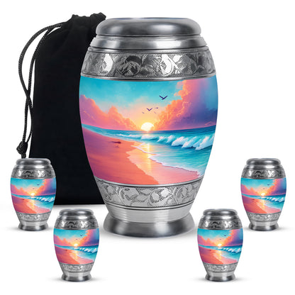 Jewel Teal Beach Cremation Urn detail view - regal beach design with crown-inspired accents - memorial set with one large and four small urns