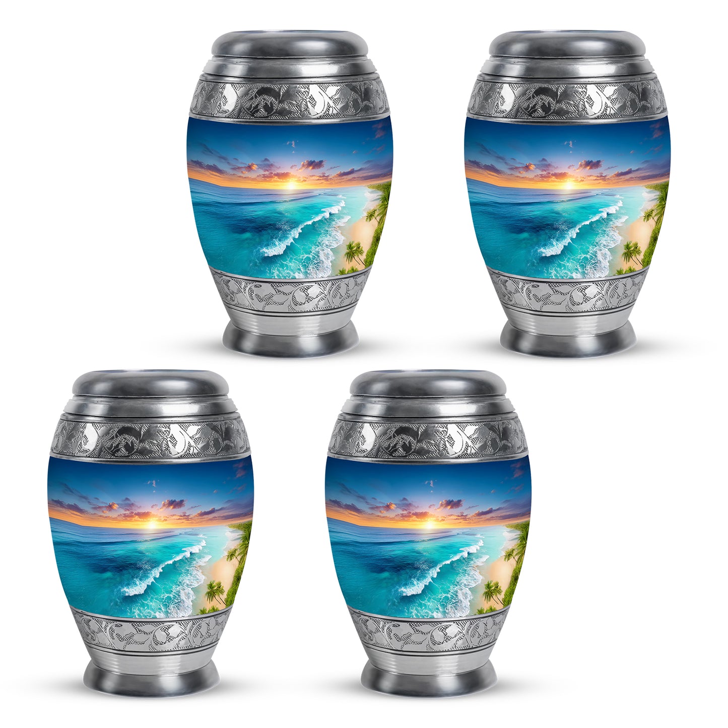 Soft Blue Beach Cremation Urn urn with complimentary velvet bag - royal beach engraving with decorative scrollwork - 10 inch aluminum urn for cremated remains