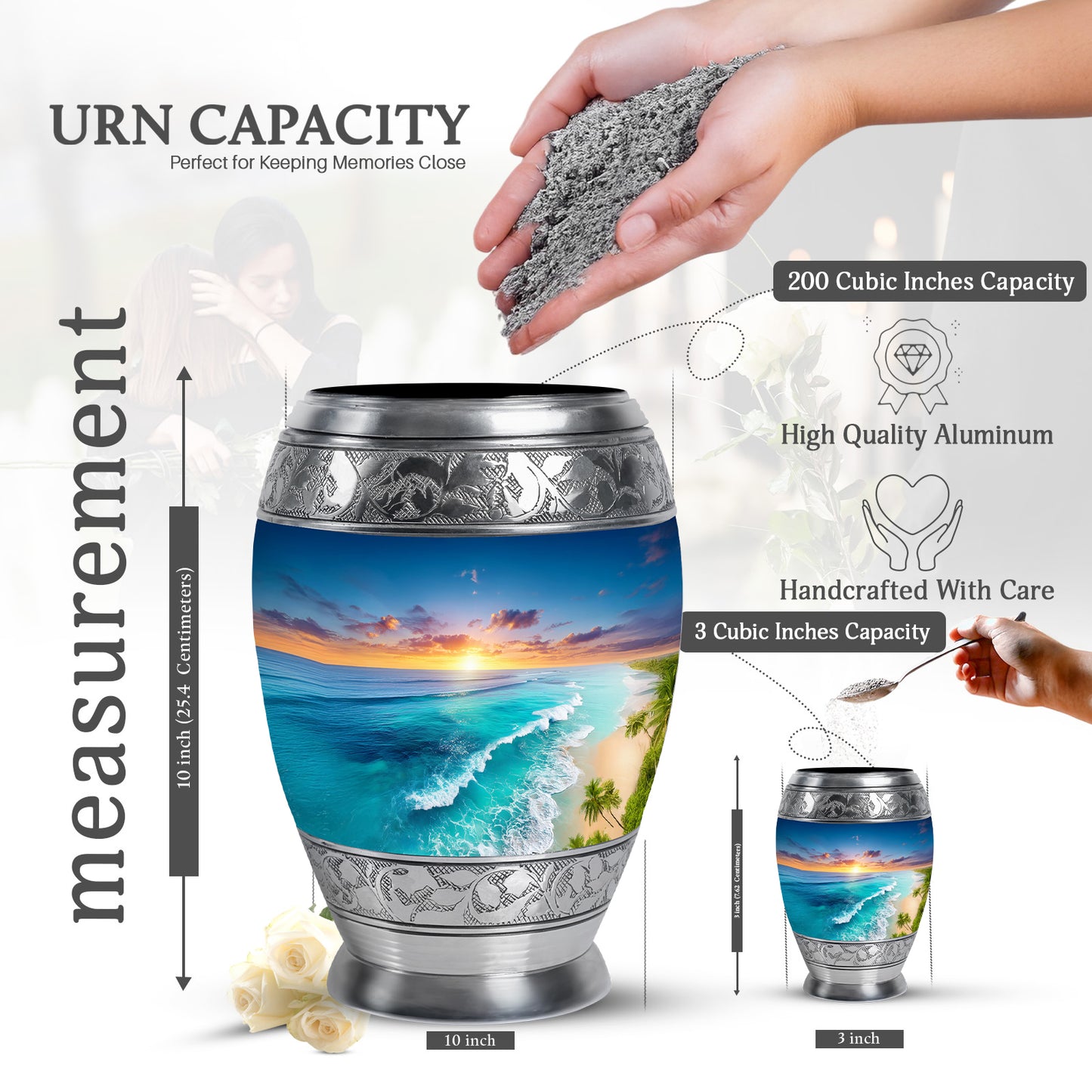 Calming Blue Beach Cremation Urn lifestyle display on memorial shelf - majestic beach pattern with filigree border - mini keepsake memorial for portion of cremation ashes