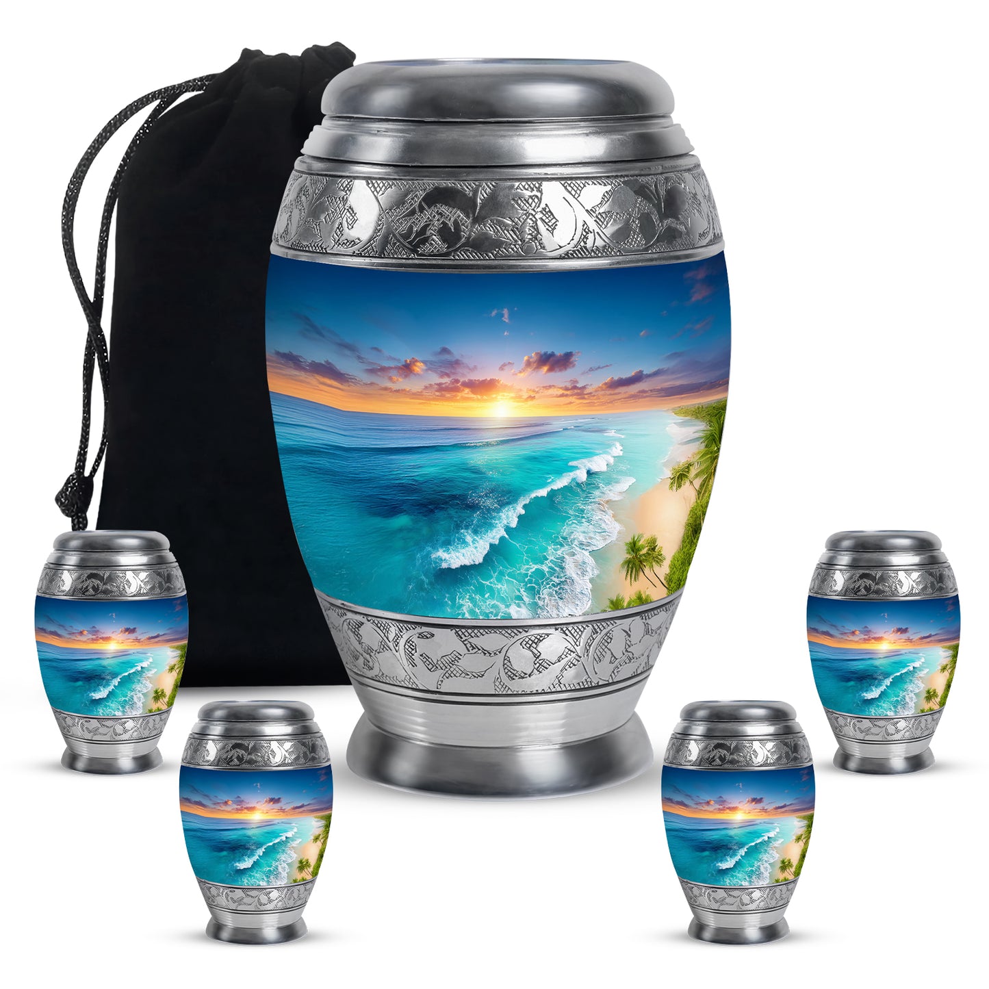 Vivid Blue Beach Cremation Urn detail view - royal beach engraving with decorative scrollwork - memorial set with one large and four small urns