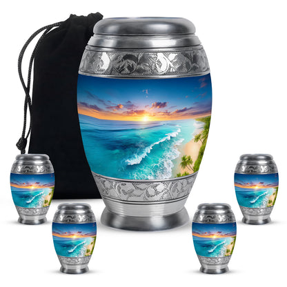 Vivid Blue Beach Cremation Urn detail view - royal beach engraving with decorative scrollwork - memorial set with one large and four small urns