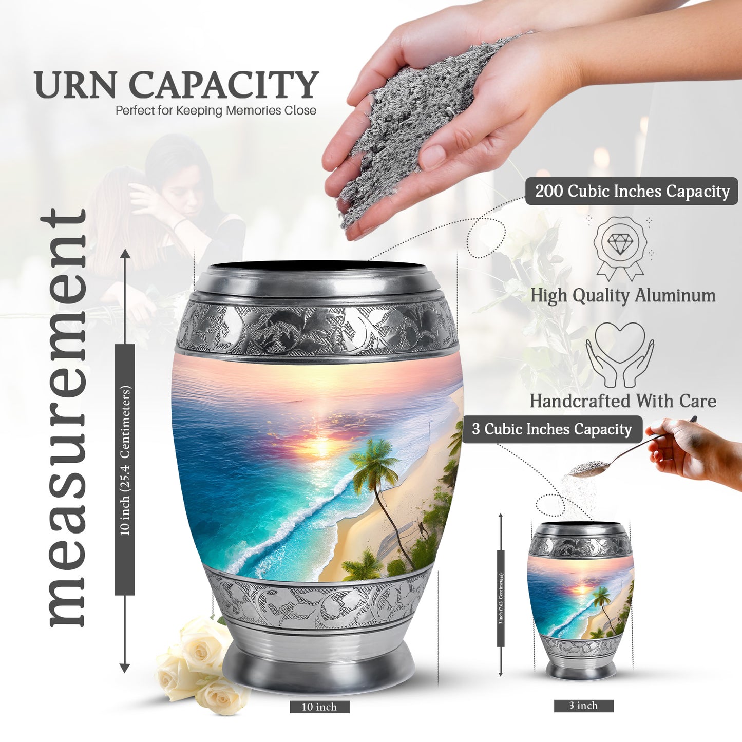 Rich Red Beach Cremation Urn lifestyle display on memorial shelf - majestic beach pattern with filigree border - mini keepsake memorial for portion of cremation ashes