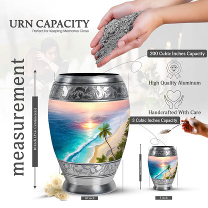 Rich Red Beach Cremation Urn lifestyle display on memorial shelf - majestic beach pattern with filigree border - mini keepsake memorial for portion of cremation ashes