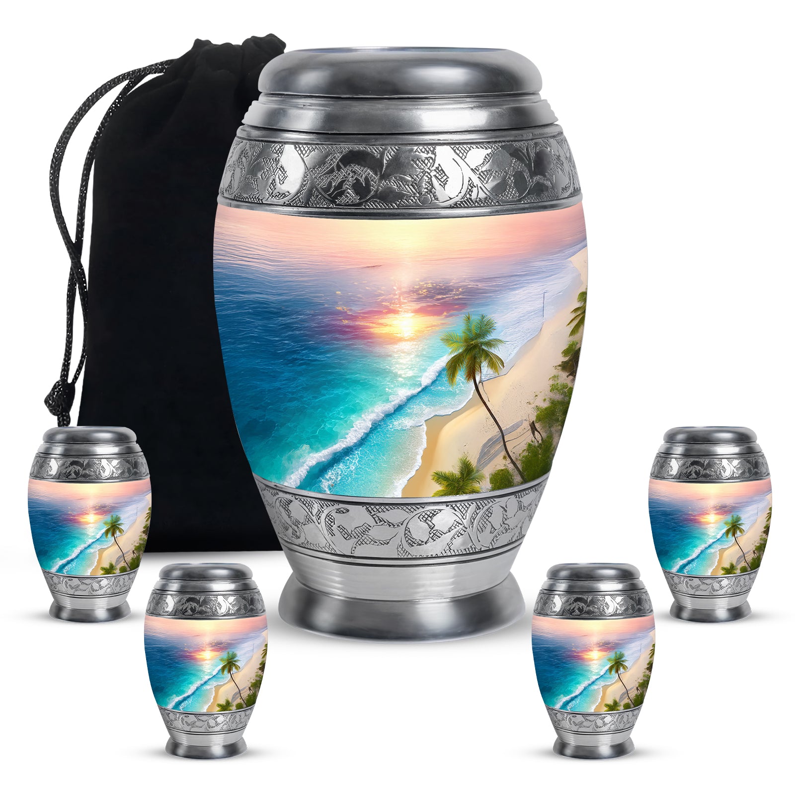 Deep Red Beach Cremation Urn detail view - regal beach design with crown-inspired accents - memorial set with one large and four small urns