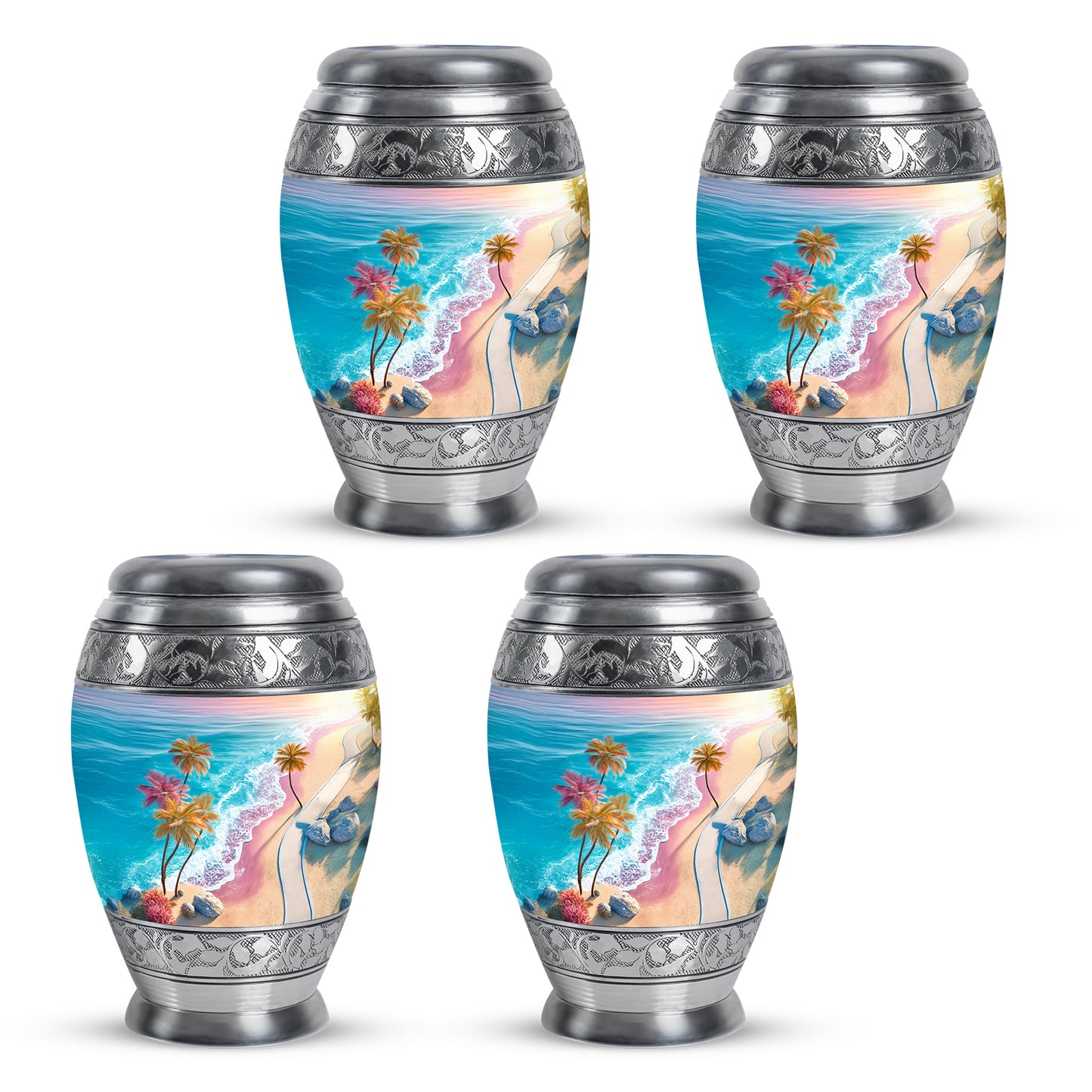 Soft Teal Beach Cremation Urn urn with complimentary velvet bag - regal beach design with crown-inspired accents - 10 inch aluminum urn for cremated remains