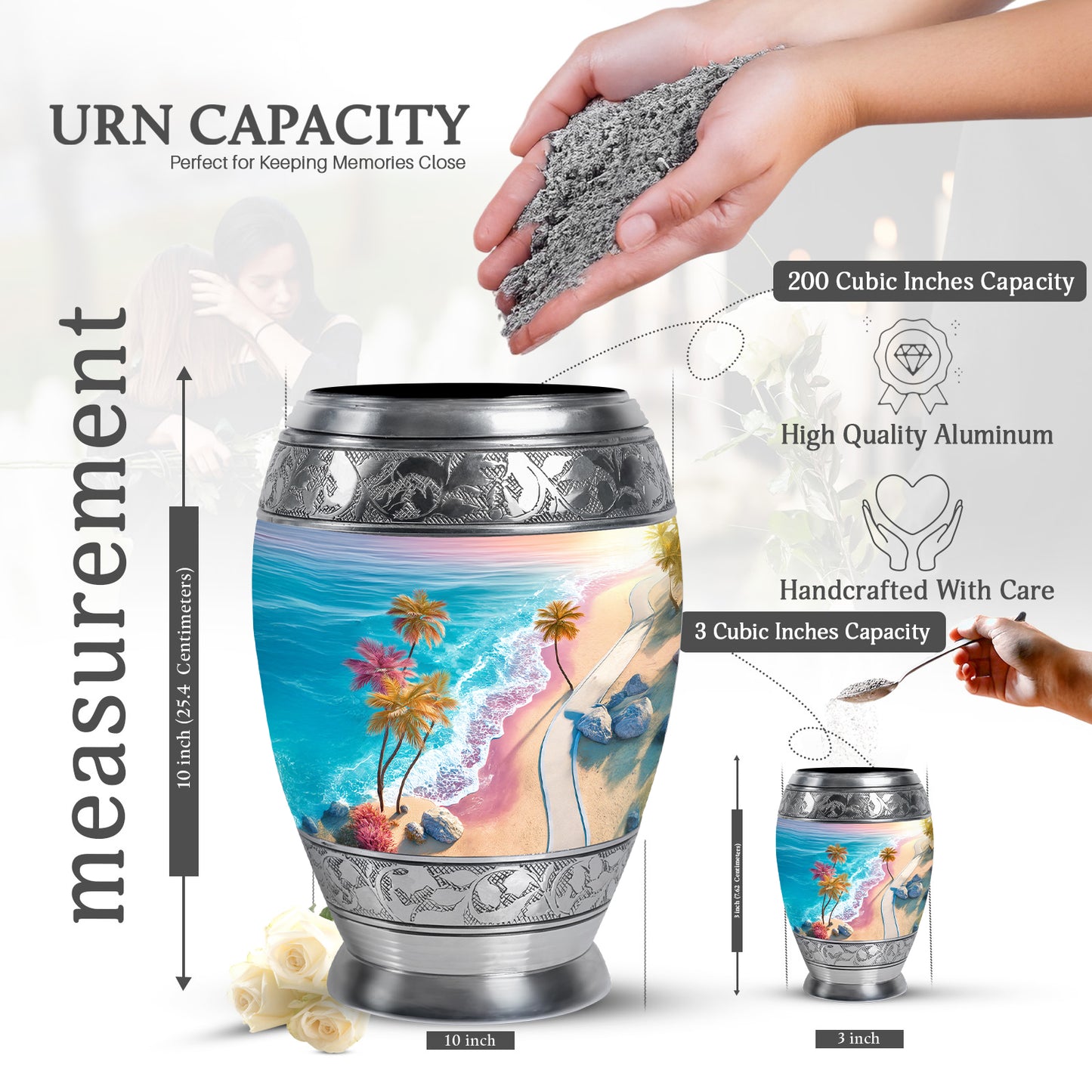 Ocean Teal Beach Cremation Urn lifestyle display on memorial shelf - regal beach design with crown-inspired accents - mini keepsake memorial for portion of cremation ashes